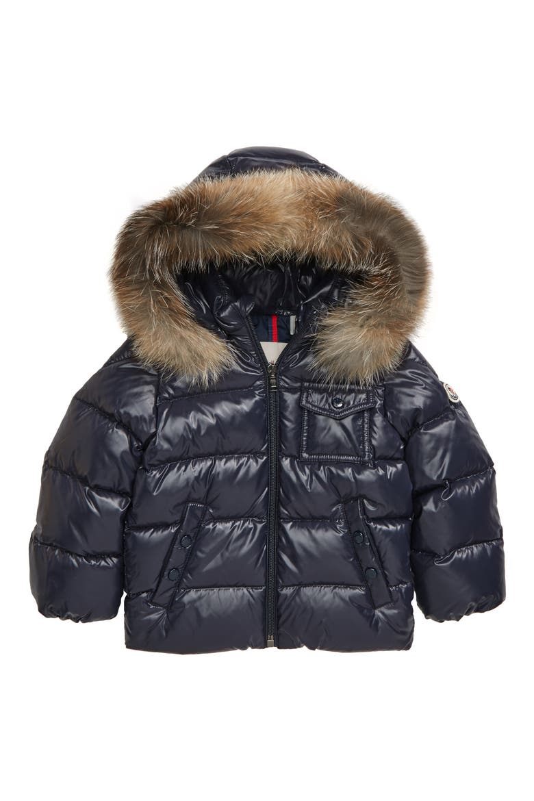 K2 Water Resistant Hooded Down Jacket with Genuine Fox Fur Trim, Main, color, NAVY