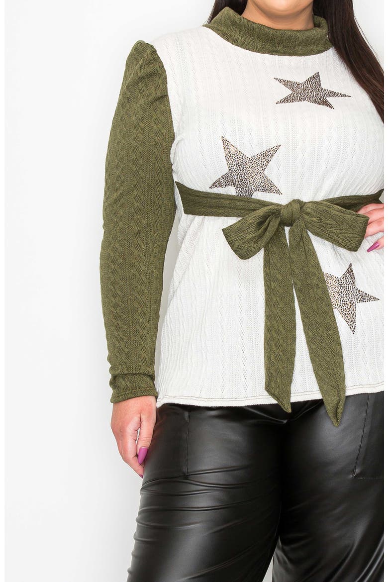 Britt Star Tie Waist Puff Shoulder Sweater, Alternate, color, OLIVE WHITE