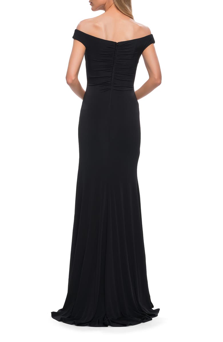 La Femme Off the Shoulder Ruched Jersey Gown, Alternate, color, Black