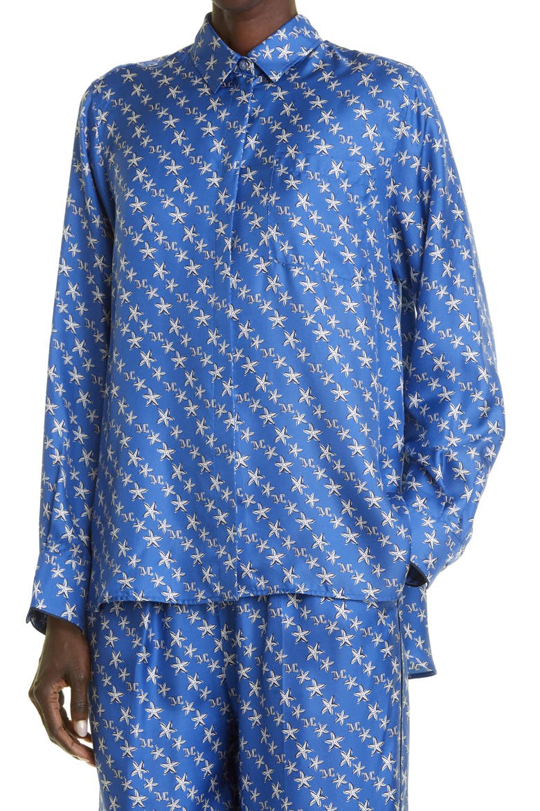London Starfish Print Silk Blouse, Alternate, color, CORNFLOWER BLUE