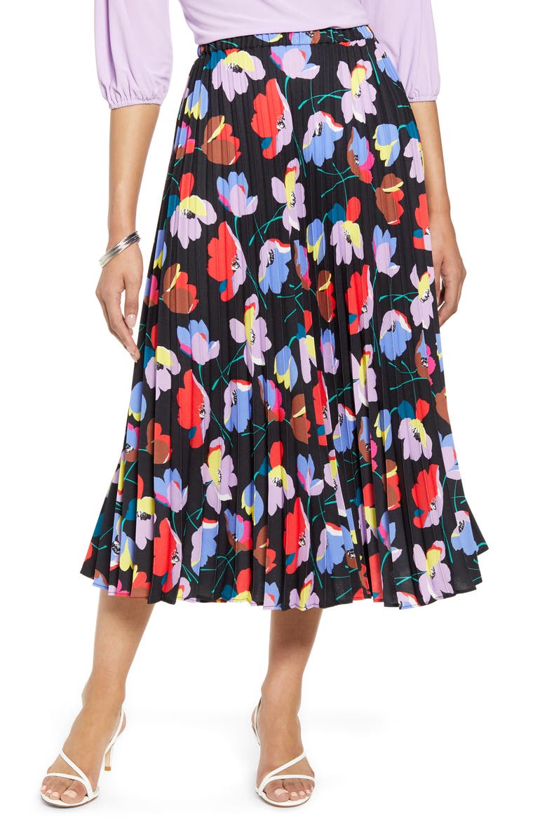Pleated Midi Skirt, Main, color, BLACK MULTI RITA FLORAL