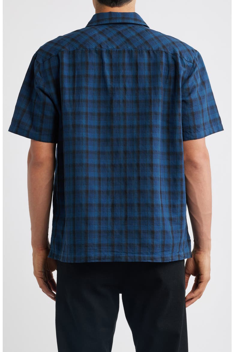 Cru Plaid Linen Blend Short Sleeve Shirt, Alternate, color, DARK BLUE/ BLACK PLAID