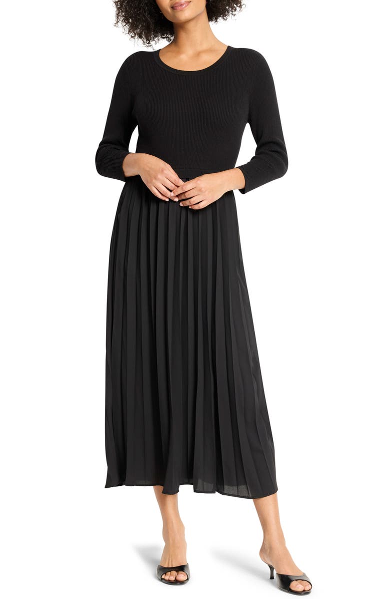 NIC+ZOE Kyrie Long Sleeve Pleated Mixed Media Maxi Dress, Main, color, Black Onyx
