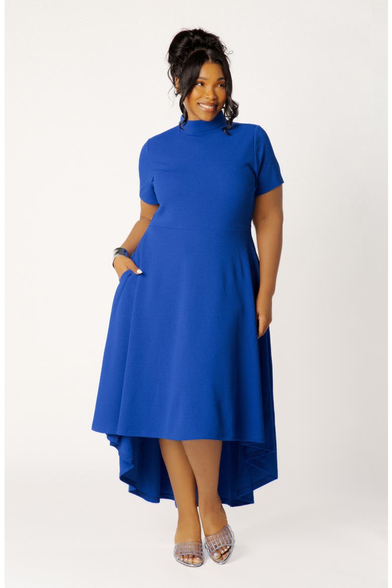 High Neck High-Low Midi Dress, Alternate, color, ROYAL BLUE