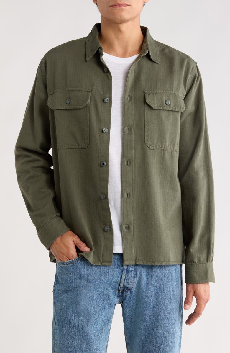 Billabong Fort Garage Stripe Cotton Herringbone Button-Up Shirt, Main, color, Olive