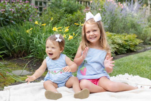 Florence Eiseman Stripe Knit Romper With Strawberries In Light Blue/white