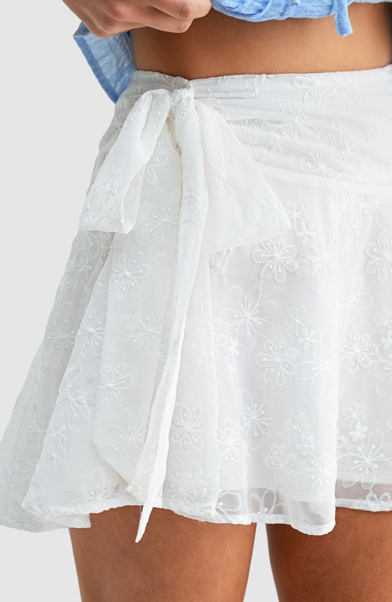 All in Favor Floral Embroidered Side Tie Miniskirt, Alternate, color, White
