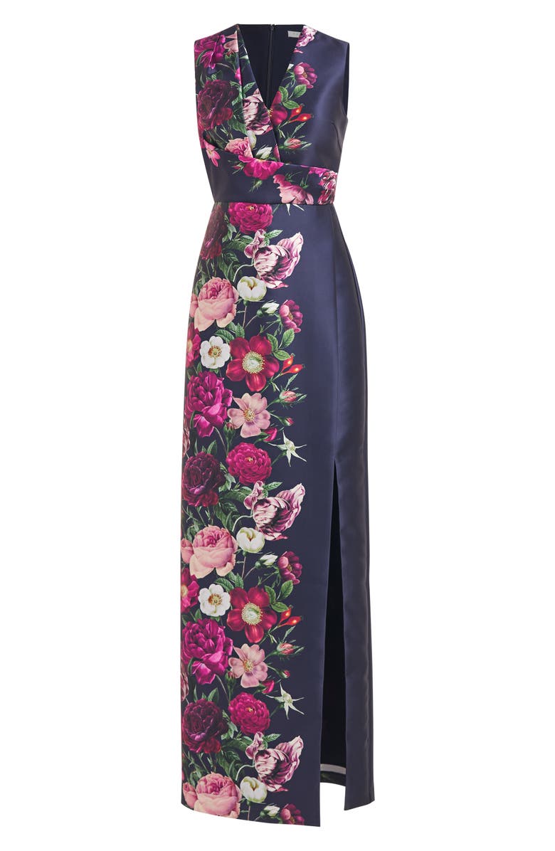 Kay Unger Coraline Floral Faux Wrap Sheath Gown, Alternate, color, Dark Midnight