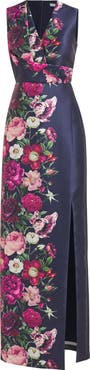 Kay Unger Coraline Floral Faux Wrap Sheath Gown