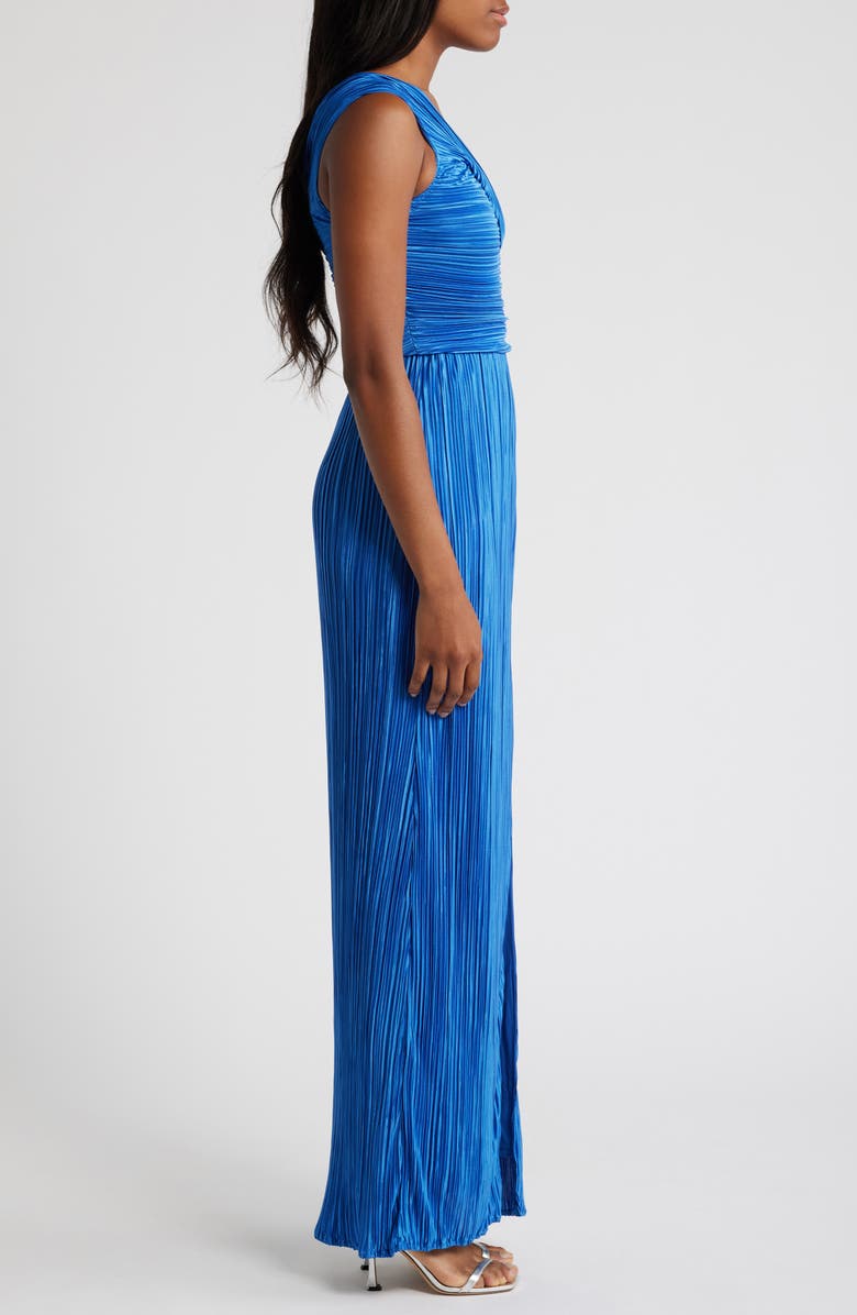 Lulus Poised Performance One-Shoulder Plissé Gown, Alternate, color, Bright Blue