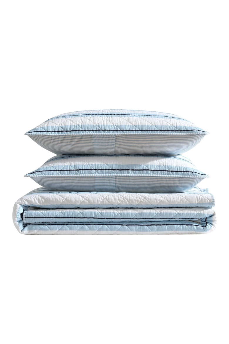 Tim Stripe Reversible Cotton Quilt Set, Main, color, WHITE/ BLUE STRIPE