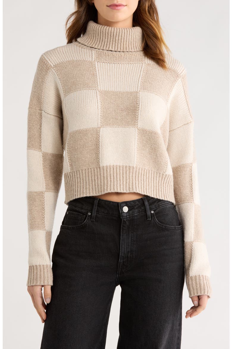 Thea Check Crop Turtleneck Sweater, Main, color, PALE OAK WHITE/ BROWN