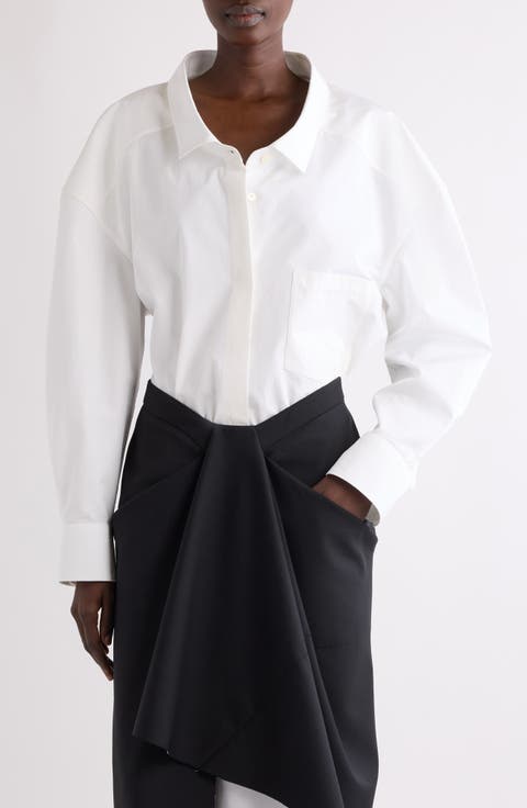 Wide Collar Cotton Poplin Button-Up Shirt