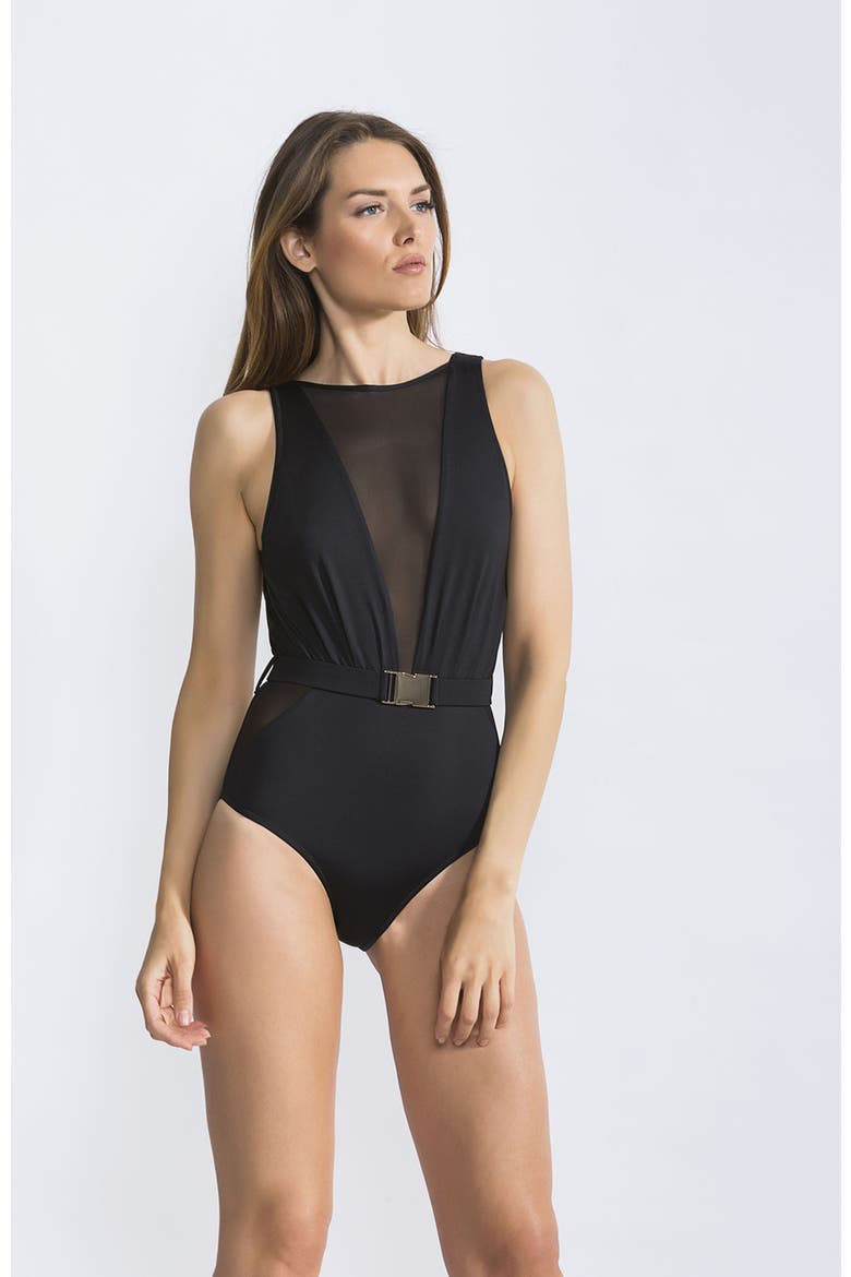 Belted High-Neck with Sheer Mesh V-Inset One-Piece Swimsuit, Main, color, Black