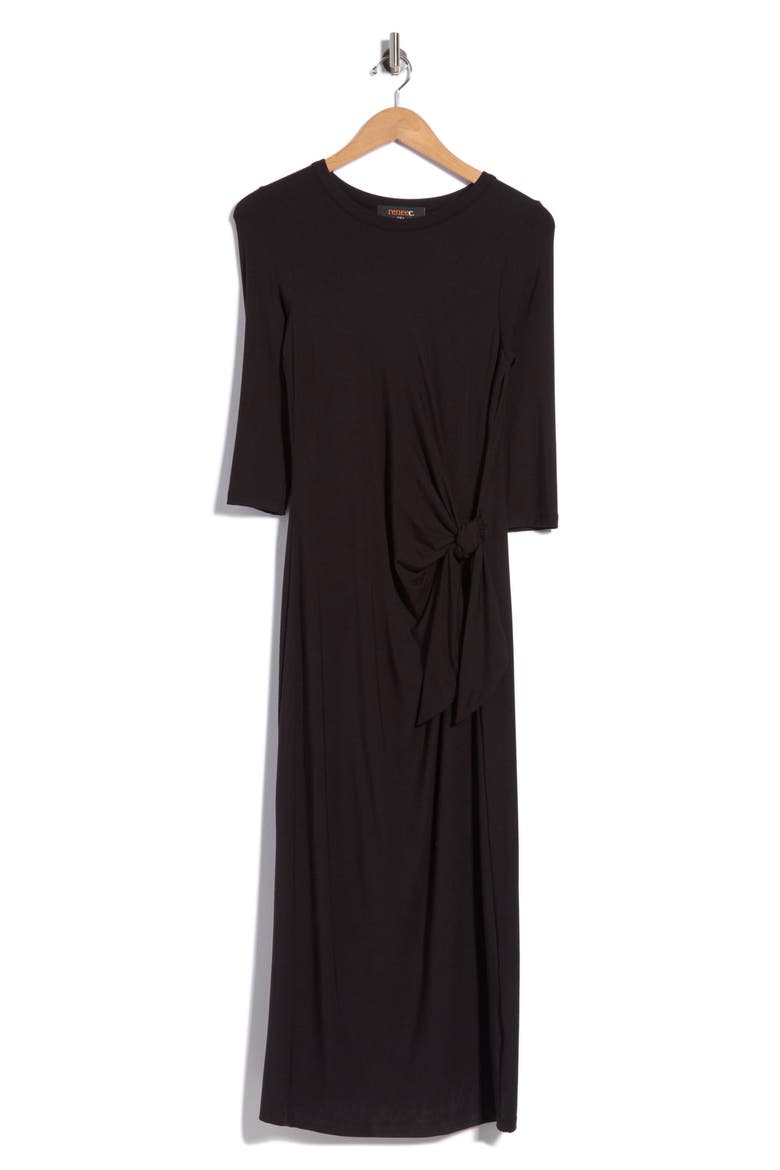 Side Knot Three-Quarter Sleeve Midi Dress, Alternate, color, BLACK