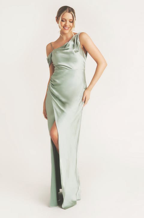 Asymmetric Bardot Satin Bridesmaid Dress