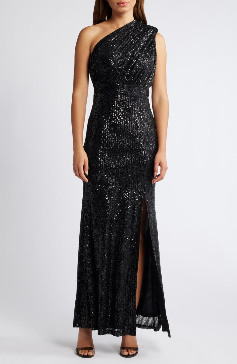 Vince Camuto Sequin One-Shoulder Sheath Gown, Main, color, 