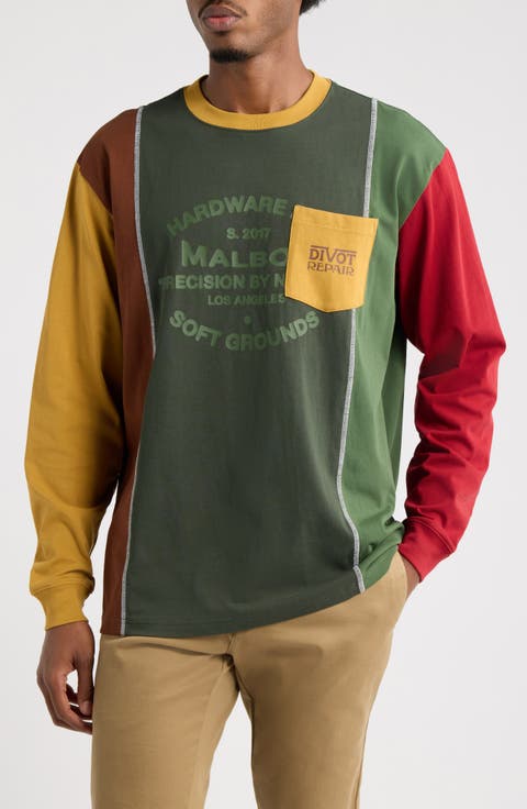 Gridline Colorblock Long Sleeve Pocket Graphic T-Shirt