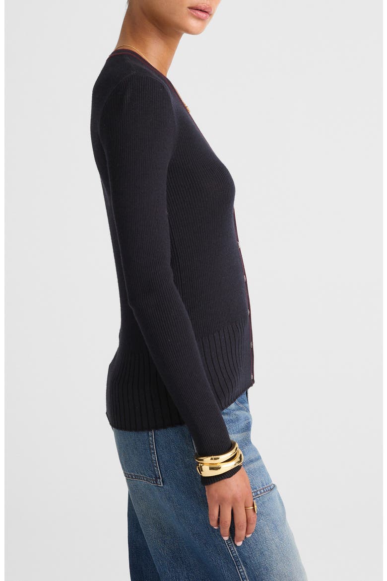Deep V-Neck Merino Wool & Silk Cardigan, Alternate, color, DARK NAVY COMBO