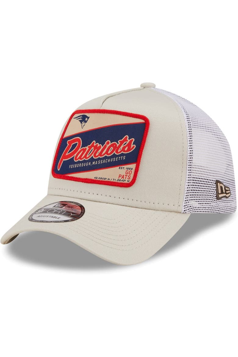 Men's New Era Khaki/White New England Patriots Happy Camper A-Frame Trucker 9FORTY Snapback Hat, Main, color, Khaki