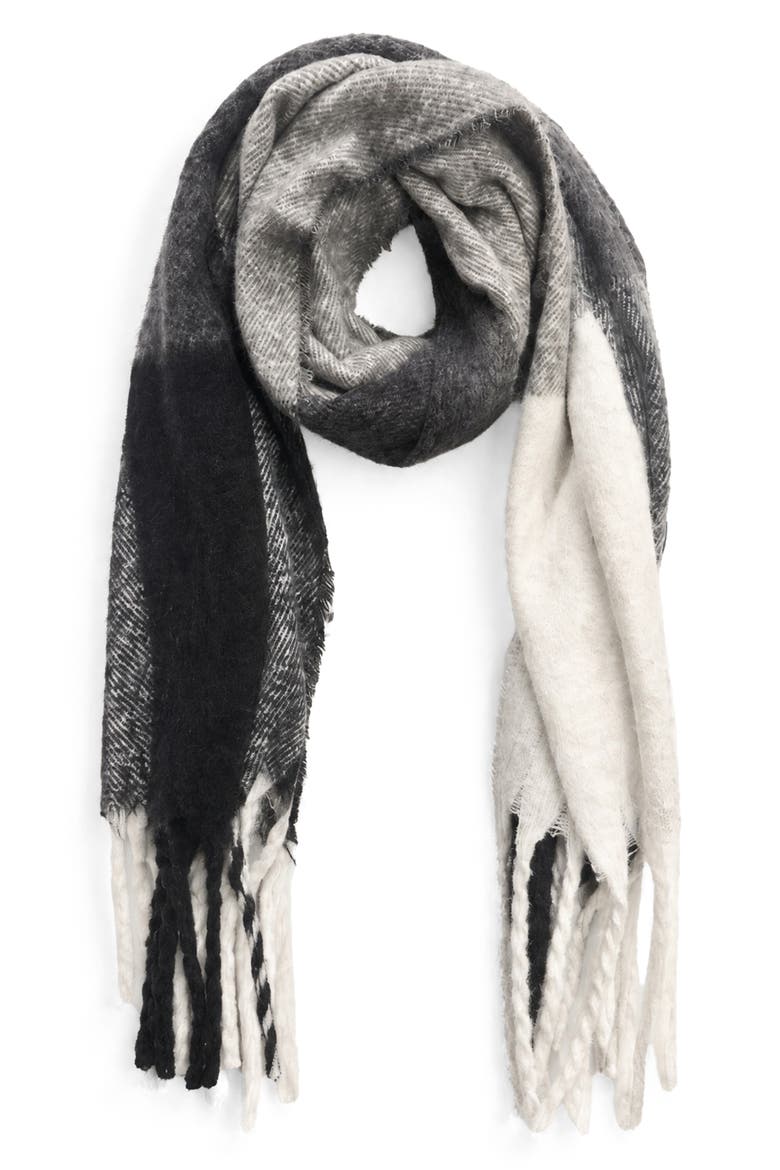 Plaid Fringe Scarf, Alternate, color, GREY