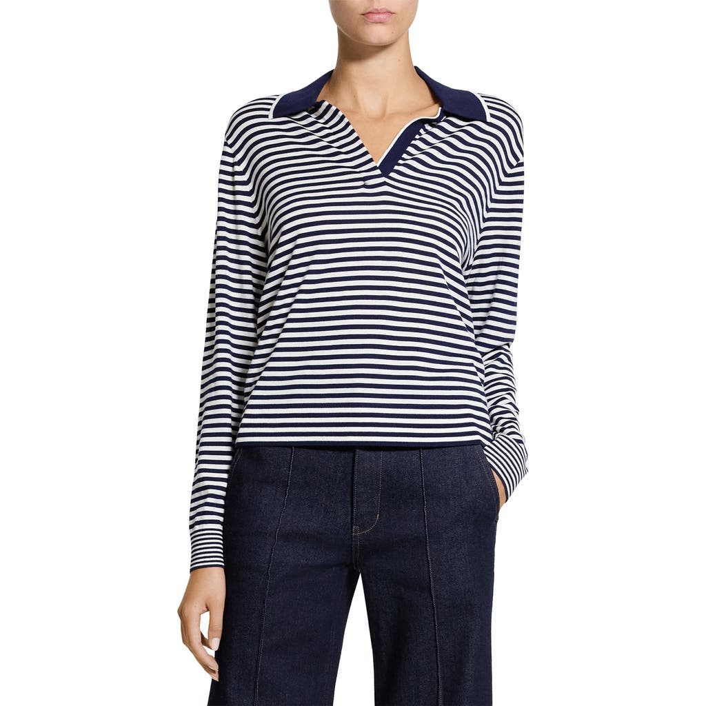 Theory Stripe Merino Wool Long Sleeve Polo In Blue
