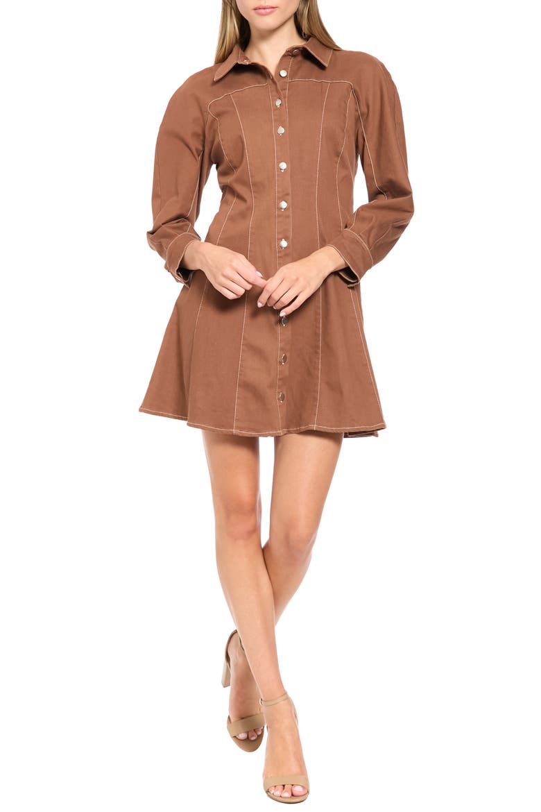 Deep Dive Long Sleeve Denim Shirtdress, Main, color, BROWN
