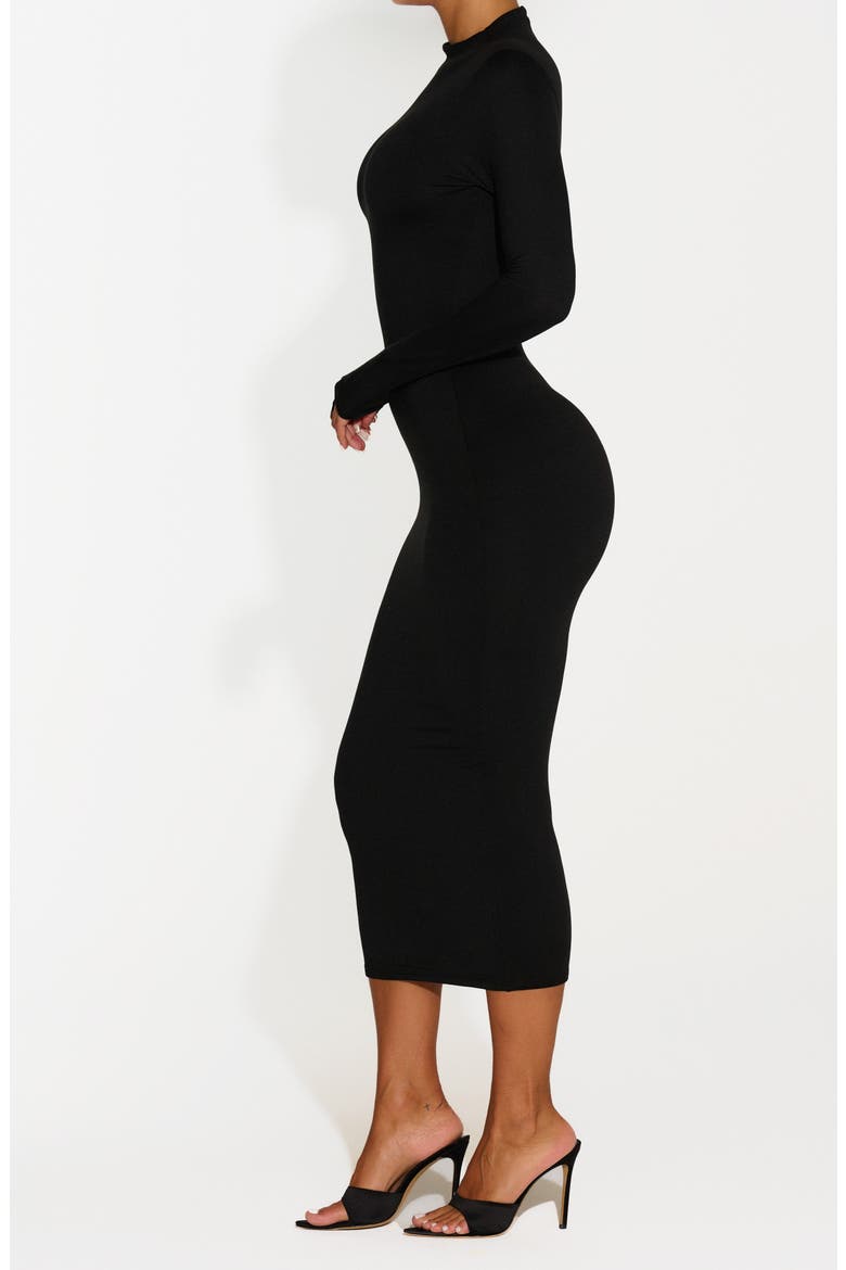 Bare Long Sleeve Midi Dress, Alternate, color, BLACK