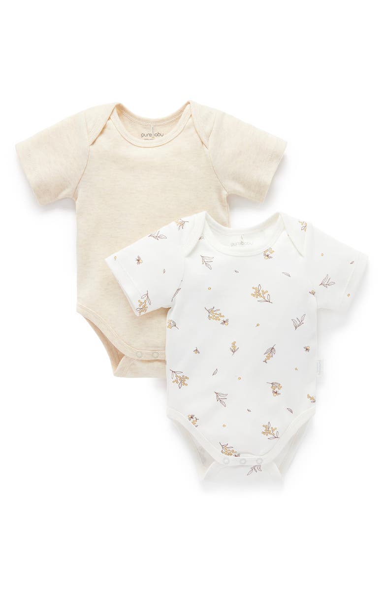 Purebaby 2 Pack Short Sleeve Bodysuit, Main, color, Wattle Bee Wheat Melange Pk