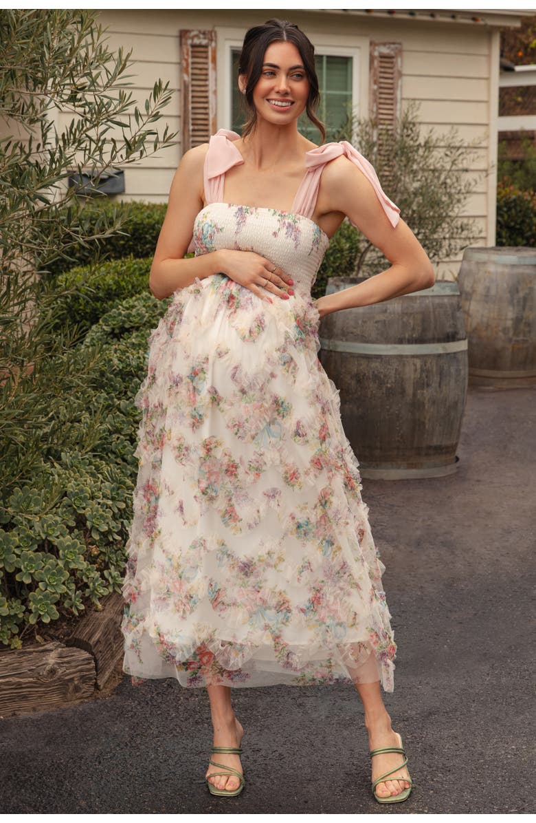 PinkBlush Floral Smocked Shoulder Tie Ruffled Midi Dress, Alternate, color, Cream