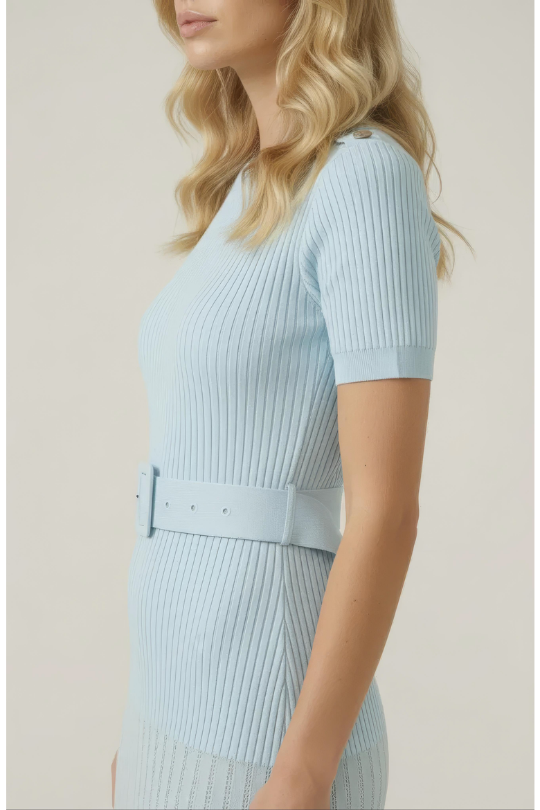 Ribbed Knit Belted Waist Pleated Midi Dress, Alternate, color, Pastel Blue