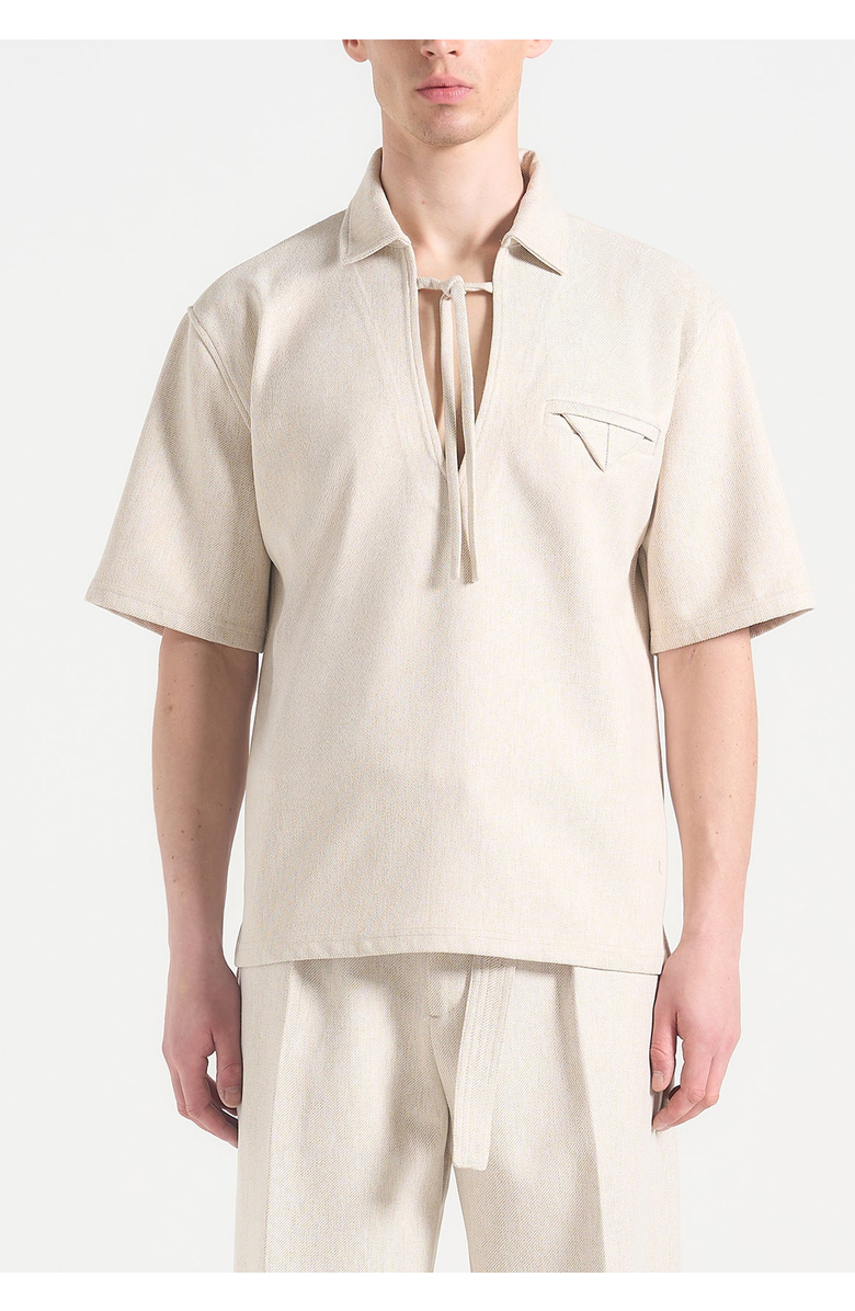 Manière De Voir Norbert Open Collar Textured Drawstring Shirt, Alternate, color, Cream