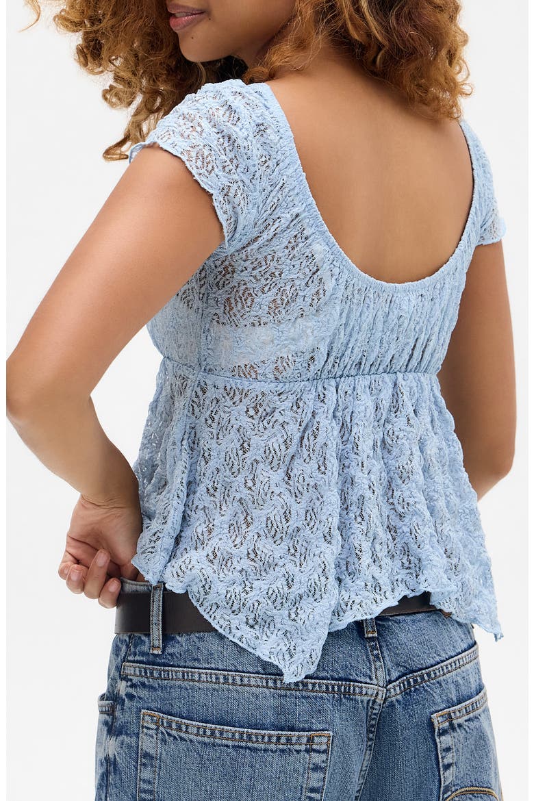Piper Asymmetric Hem Stretch Lace Top, Alternate, color, LIGHT BLUE