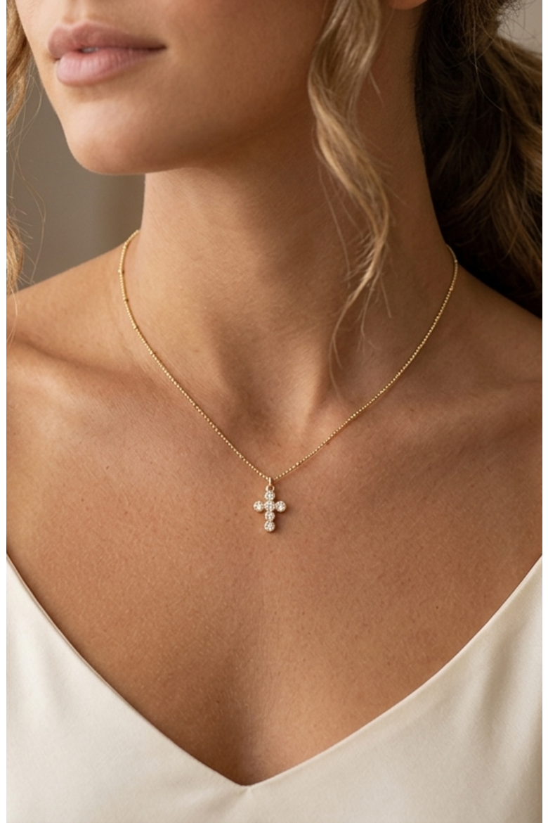 Round Cubic Zirconia Mini Cross Pendant Necklace, Alternate, color, Metalic Gold