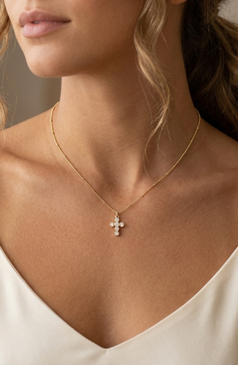 Emma Rae Round Cubic Zirconia Mini Cross Pendant Necklace, Alternate, color, Metalic Gold