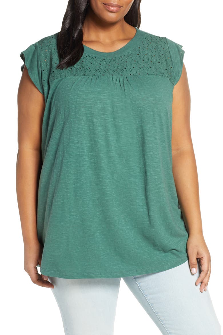 Eyelet Detail Baby Doll Top, Main, color, OLIVE MOSS