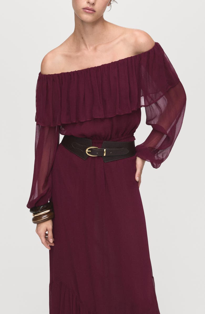 MANGO Ruffle Off the Shoulder Long Sleeve Maxi Dress, Alternate, color, Burgundy