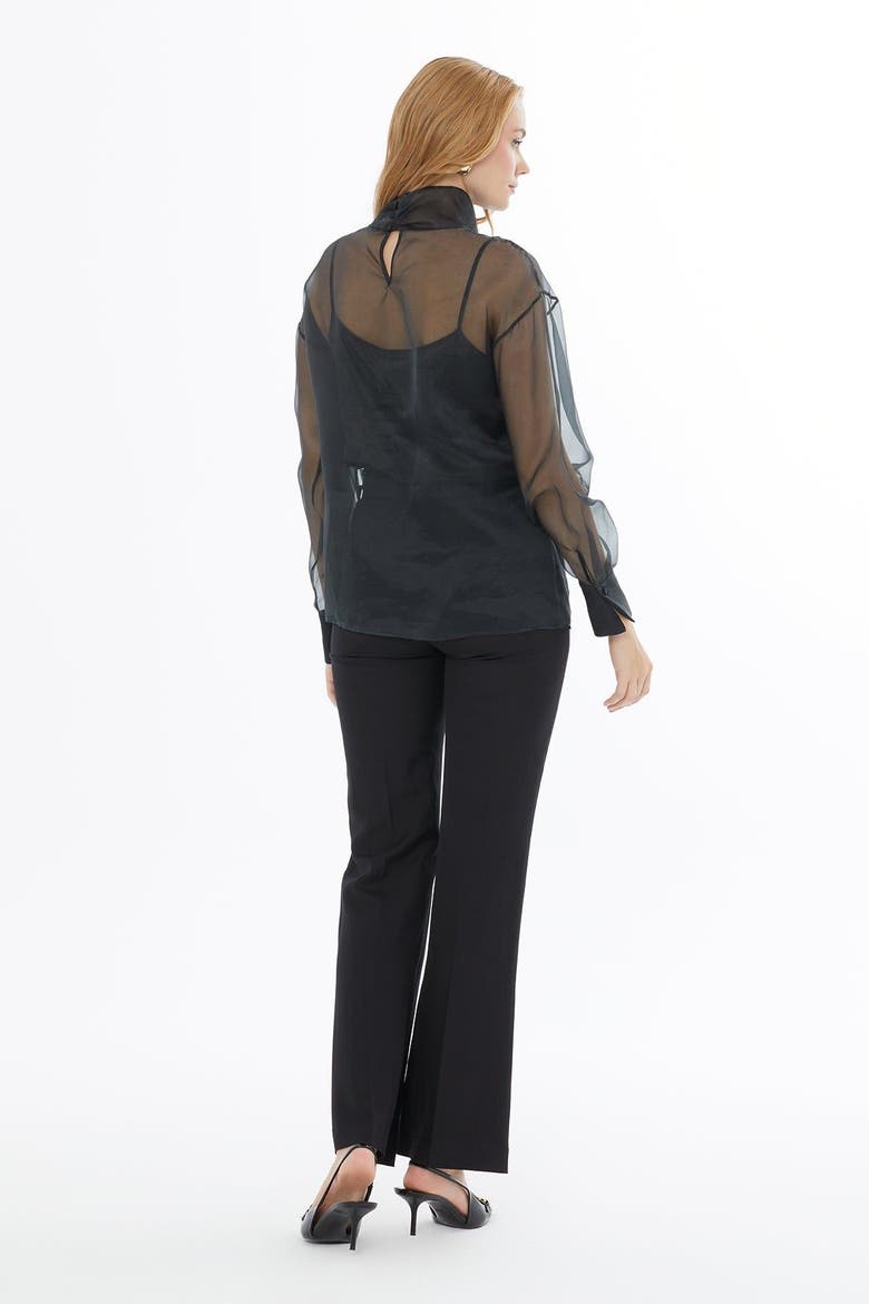 High Neck Sheer Silk Blouse with Back Button, Alternate, color, Black