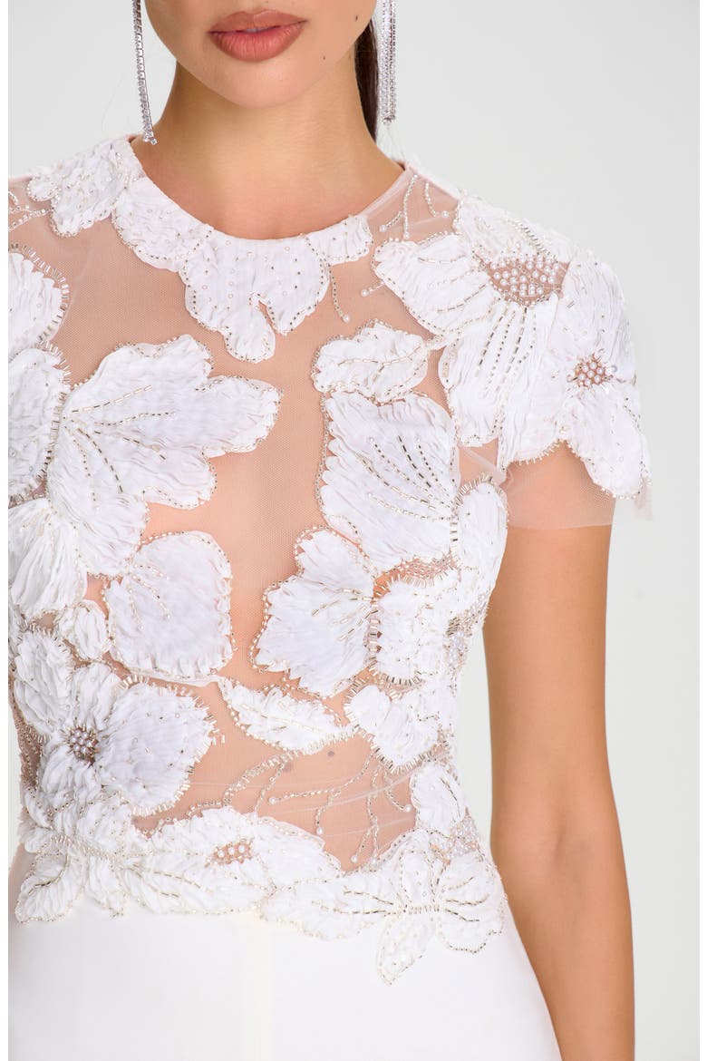Sloane Beaded Floral Appliqué Wide Leg Cocktail Jumpsuit, Alternate, color, WHITE