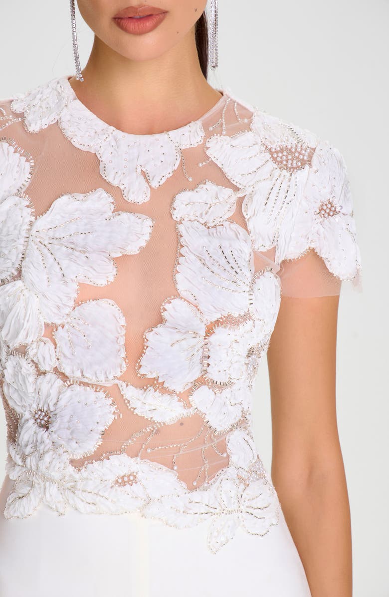 NADINE MERABI Sloane Beaded Floral Appliqué Wide Leg Cocktail Jumpsuit, Alternate, color, White