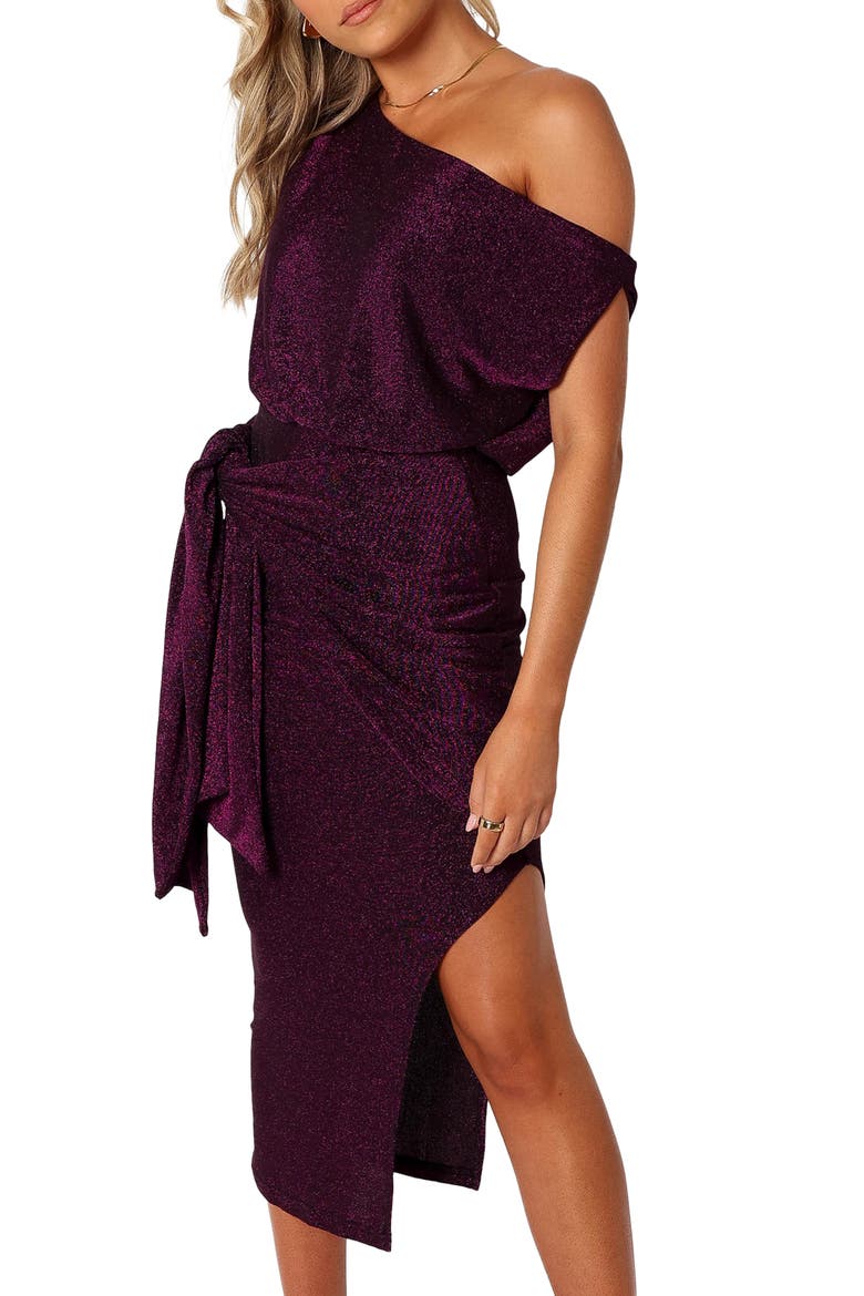Santiago Metallic Side Tie One-Shoulder Midi Dress, Alternate, color, PURPLE