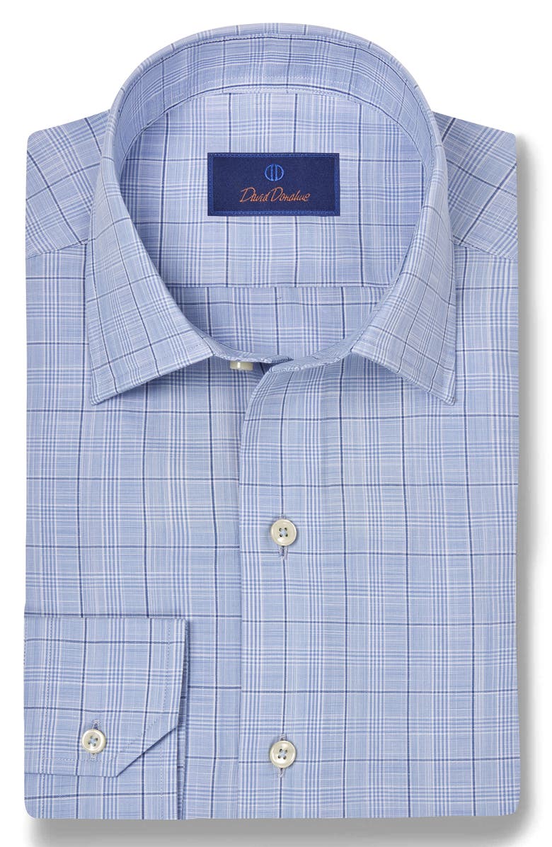 David Donahue Plaid Pima Cotton Dobby Sport Shirt, Main, color, Sky