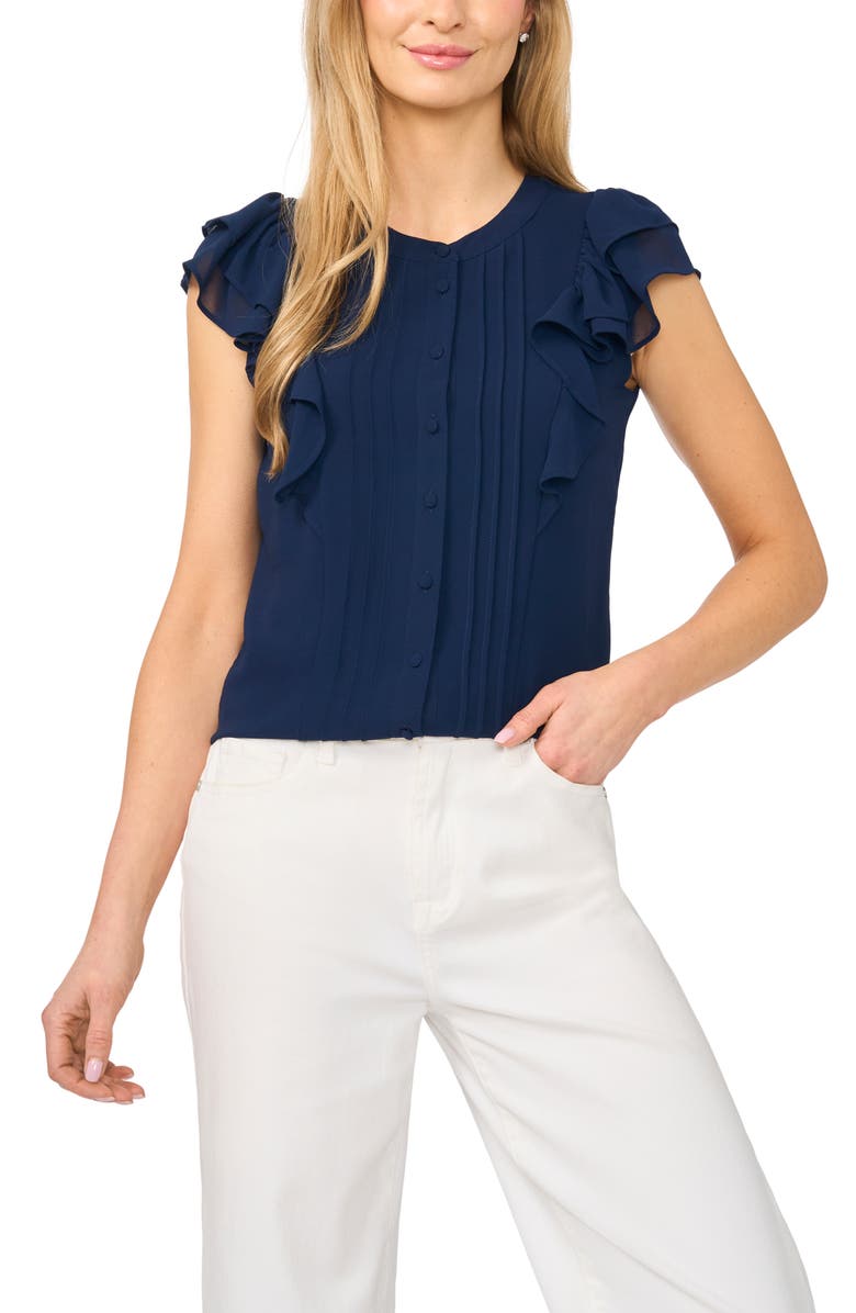 CeCe Ruffle Sleeve Pintuck Top, Main, color, Classic Navy