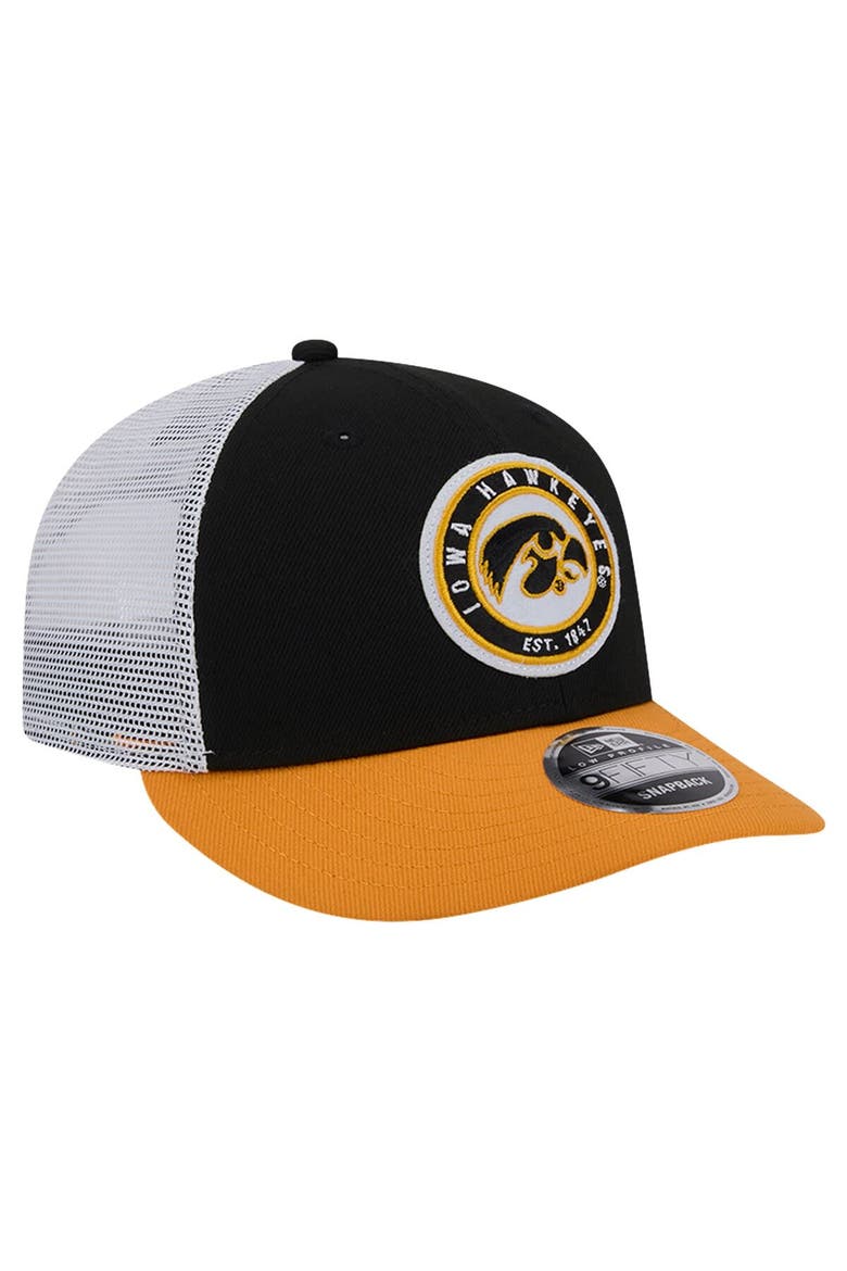 Men's New Era Black Iowa Hawkeyes Throwback Circle Patch 9FIFTY Trucker Snapback Hat, Alternate, color, Black