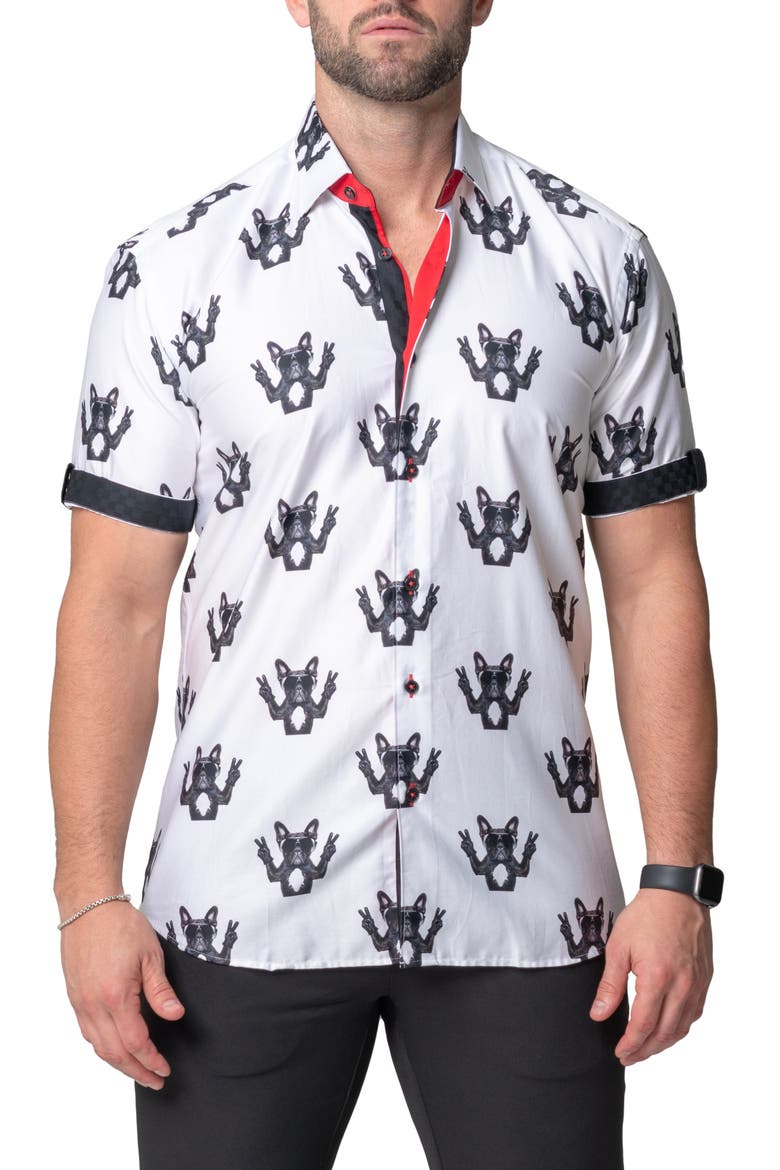 Galileo DogPeace Short Sleeve Contemporary Fit Button-Up Shirt, Main, color, WHITE