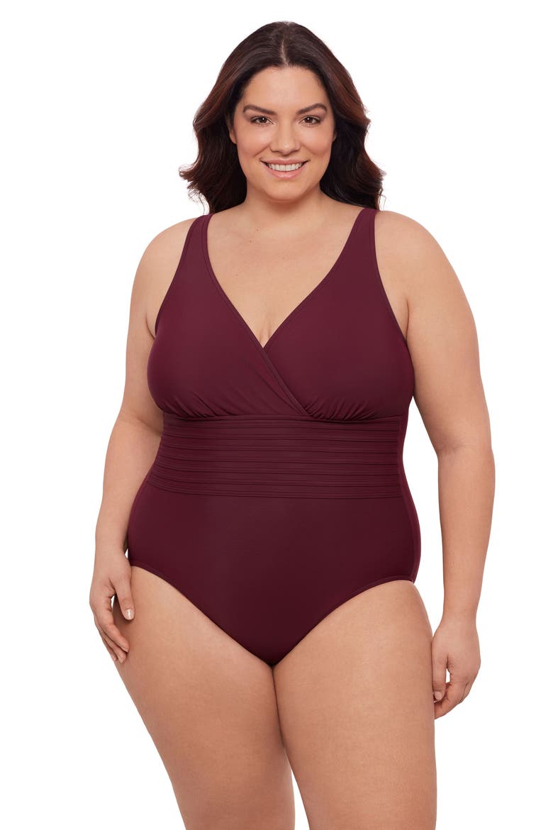 Plus Size V-Neck Surplice Trim Overlay Full Coverage One-Piece Swimsuit, Main, color, Currant