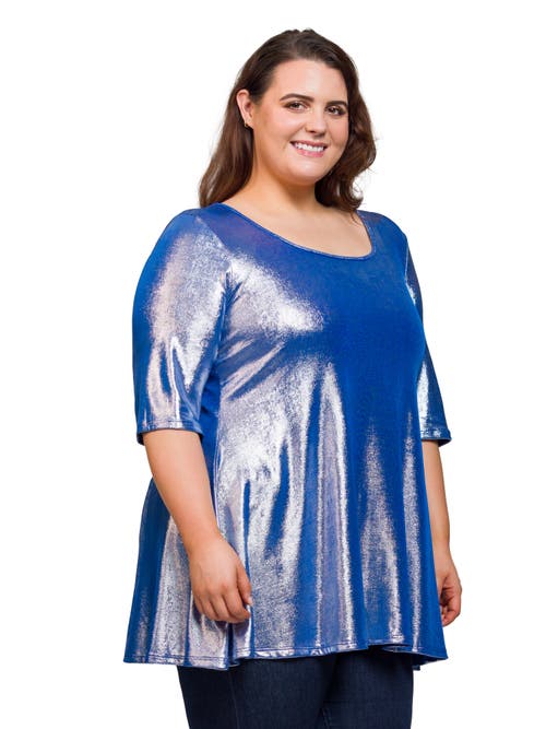 24seven Comfort Apparel Metallic Scoop Neck Flared Tunic Top In Blue