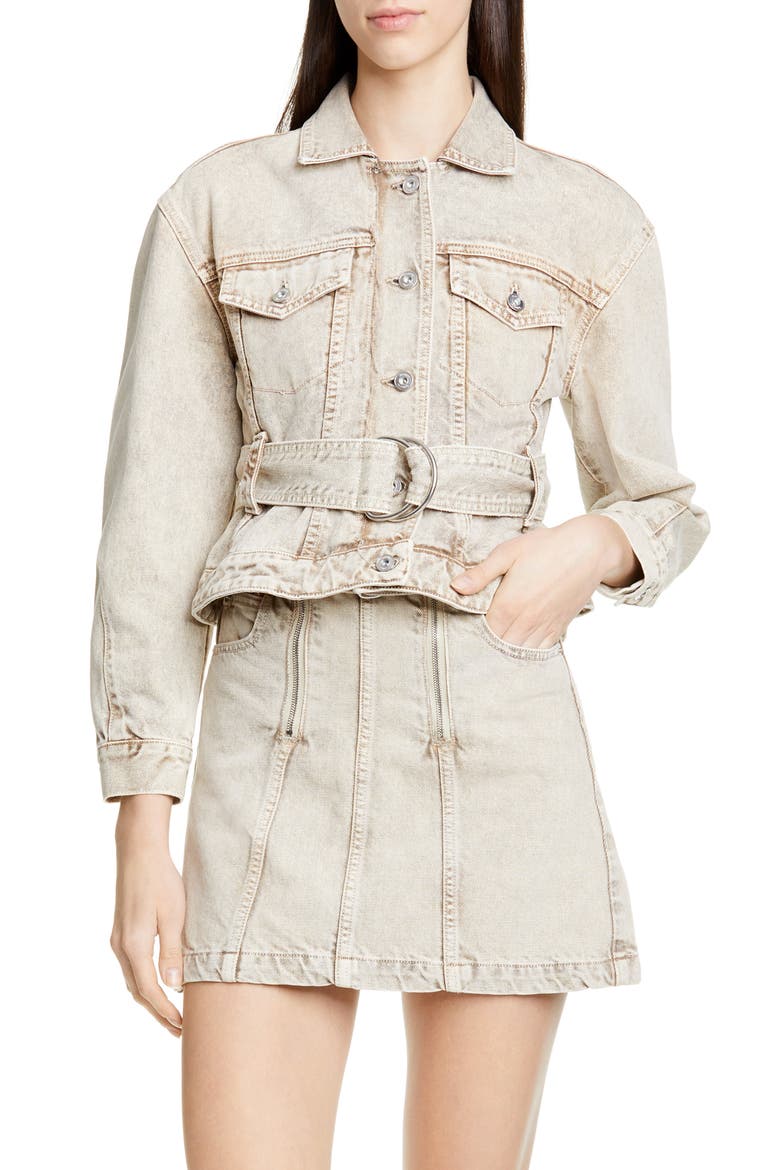 Belted Crop Denim Jacket, Main, color, TAUPE ACID WASH