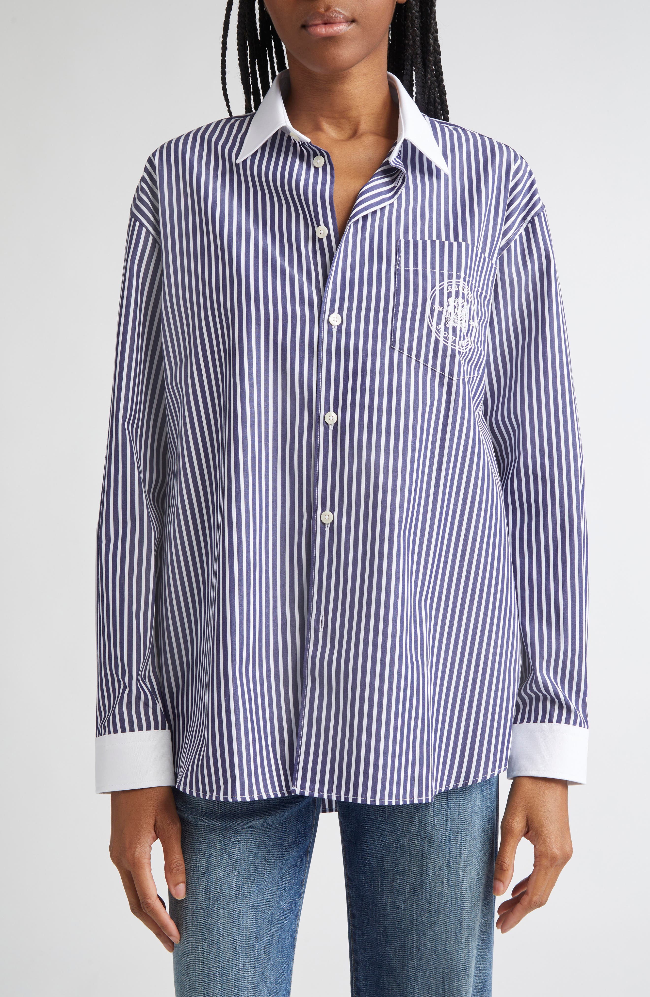 Sporty & Rich Bristol 100th Crest Stripe Button-Up Shirt