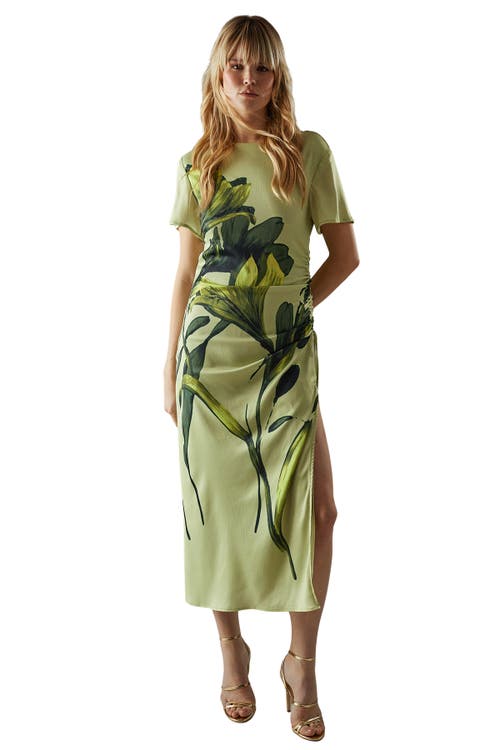 Warehouse Placement Print Crinkle Midi Satin Dress In Yellow